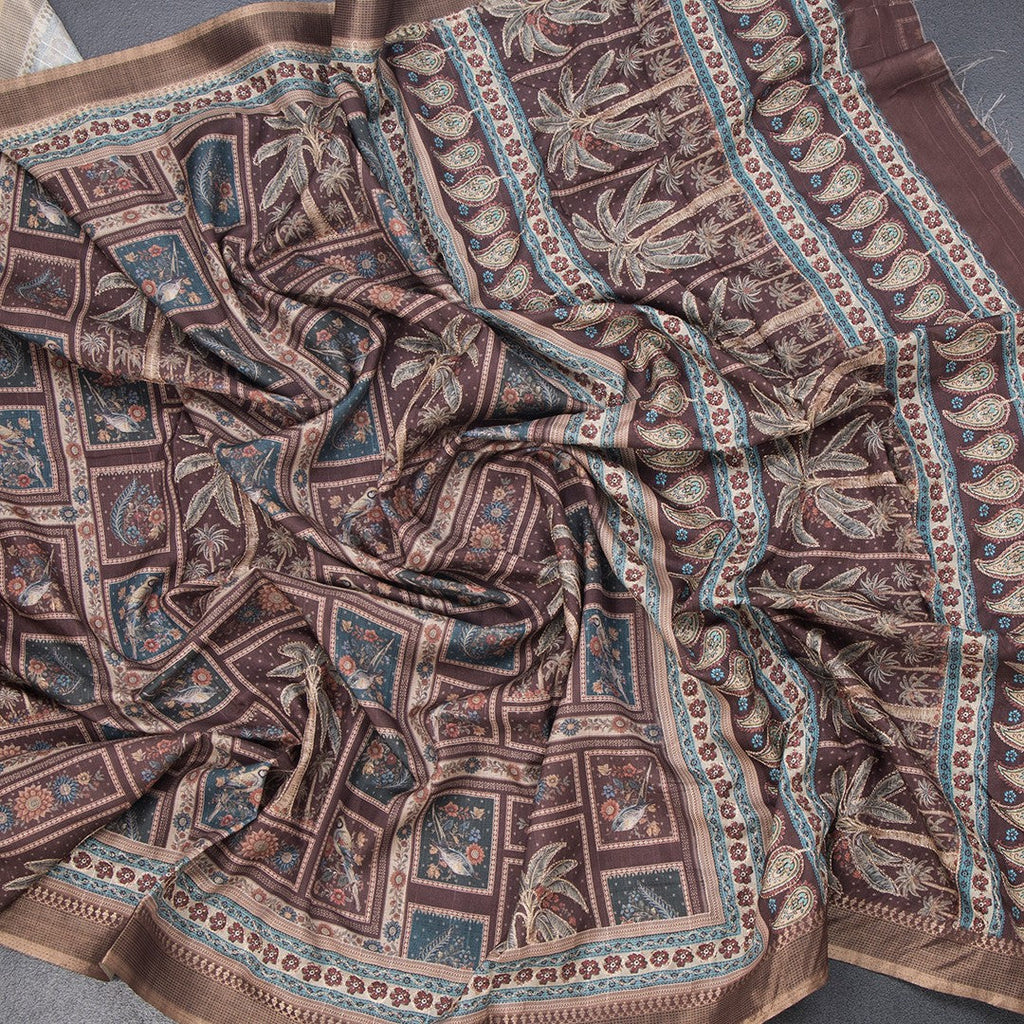 Raw Silk Brown Printed Saree