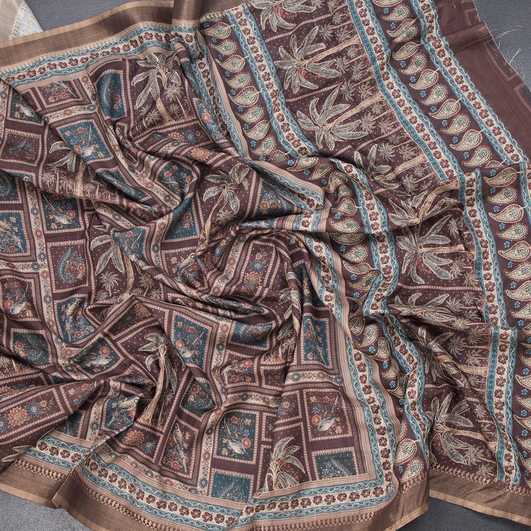 Raw Silk Brown Printed Saree