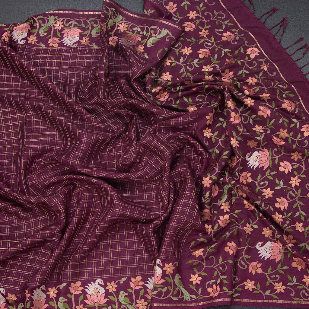 Raw Silk Dark Maroon Zari Checked Saree And Thread Border