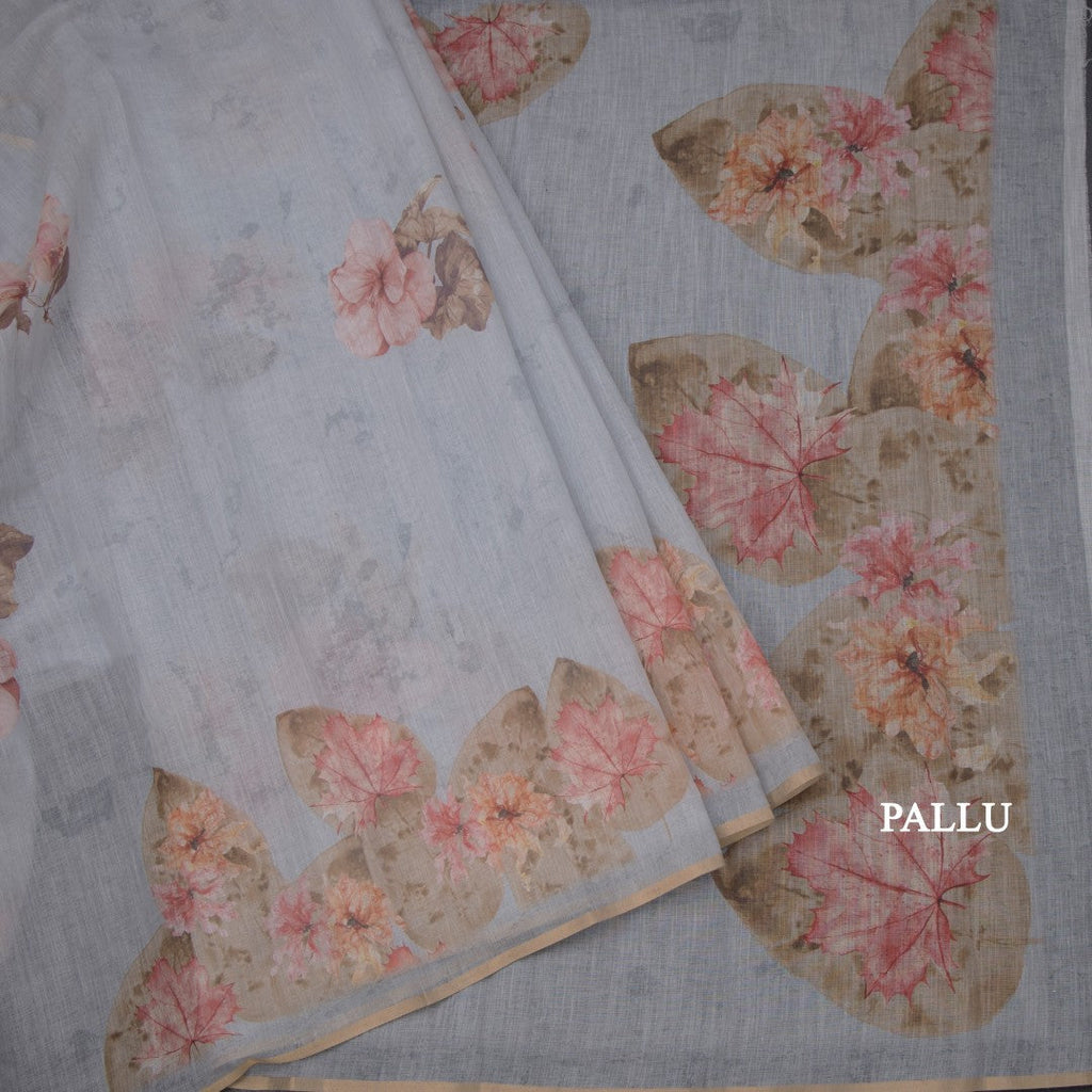 Semi Linen Light Grey Leaf Printed Saree