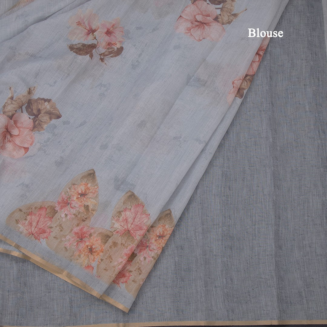 Semi Linen Light Grey Leaf Printed Saree