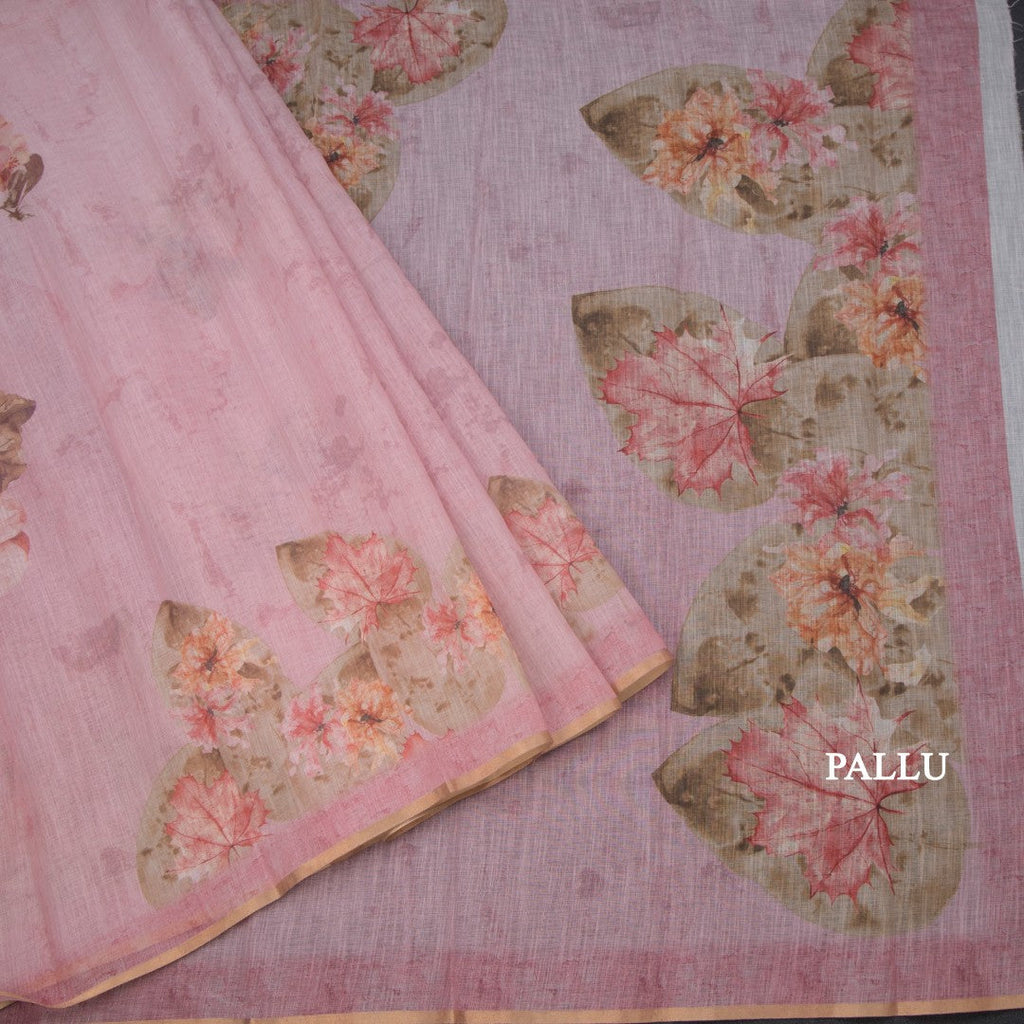 Semi Linen Light Pink Leaf Printed Saree