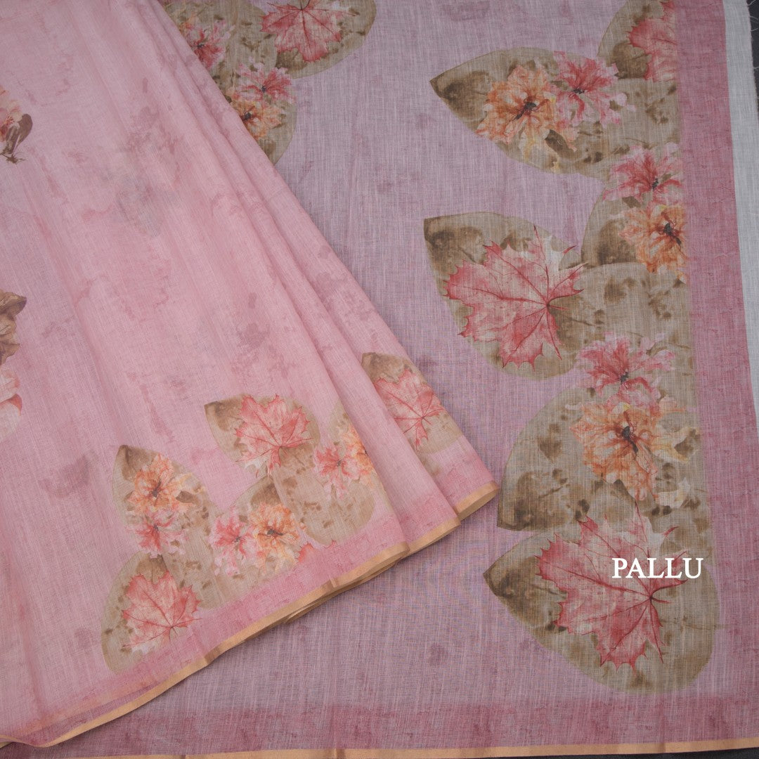 Semi Linen Light Pink Leaf Printed Saree