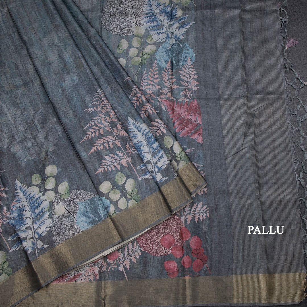 Semi Raw Silk Grey Leaf Printed Saree 06