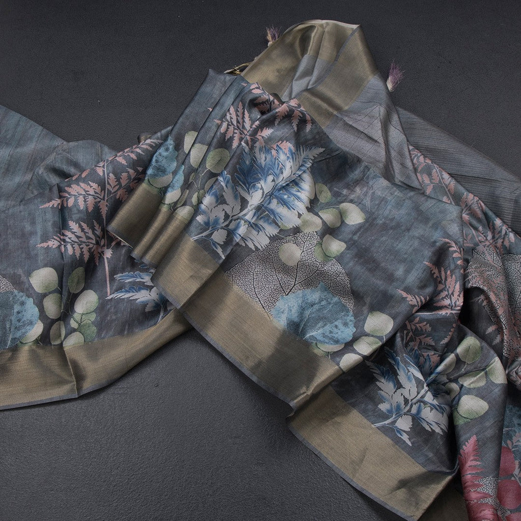 Semi Raw Silk Grey Leaf Printed Saree 06
