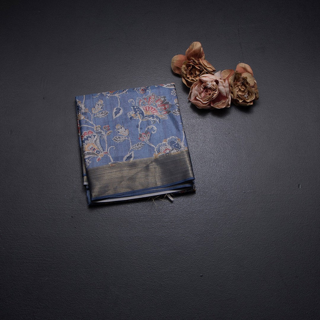 Semi Raw Silk Pigeon Blue Floral Printed Saree