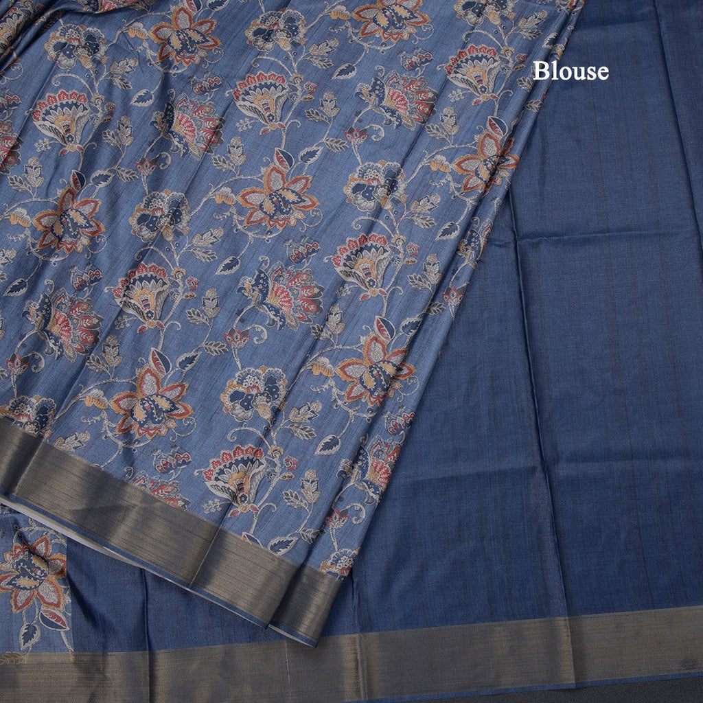 Semi Raw Silk Pigeon Blue Floral Printed Saree