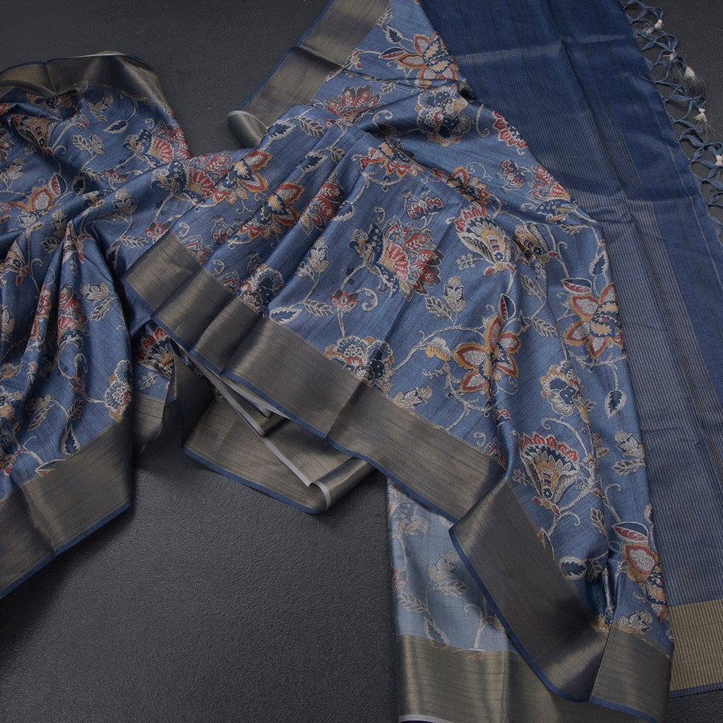 Semi Raw Silk Pigeon Blue Floral Printed Saree