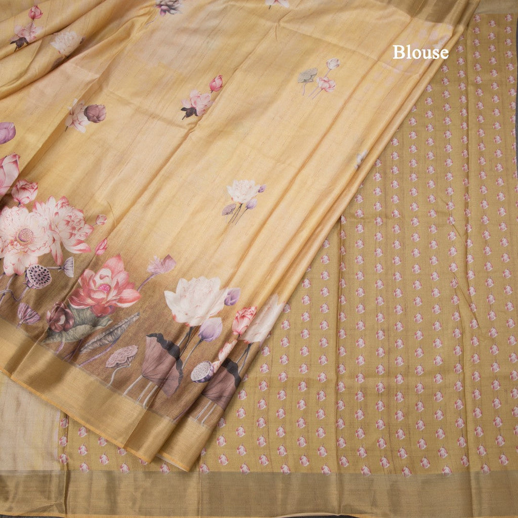 Semi Raw Silk Golden Yellow Floral Printed Saree