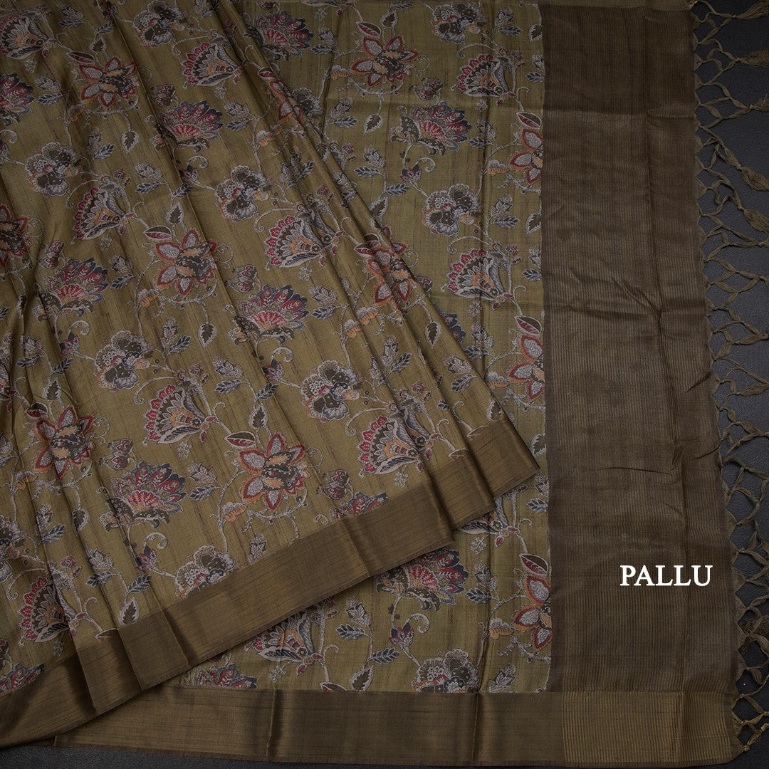 Semi Raw Silk Olive Green Floral Printed Saree 04