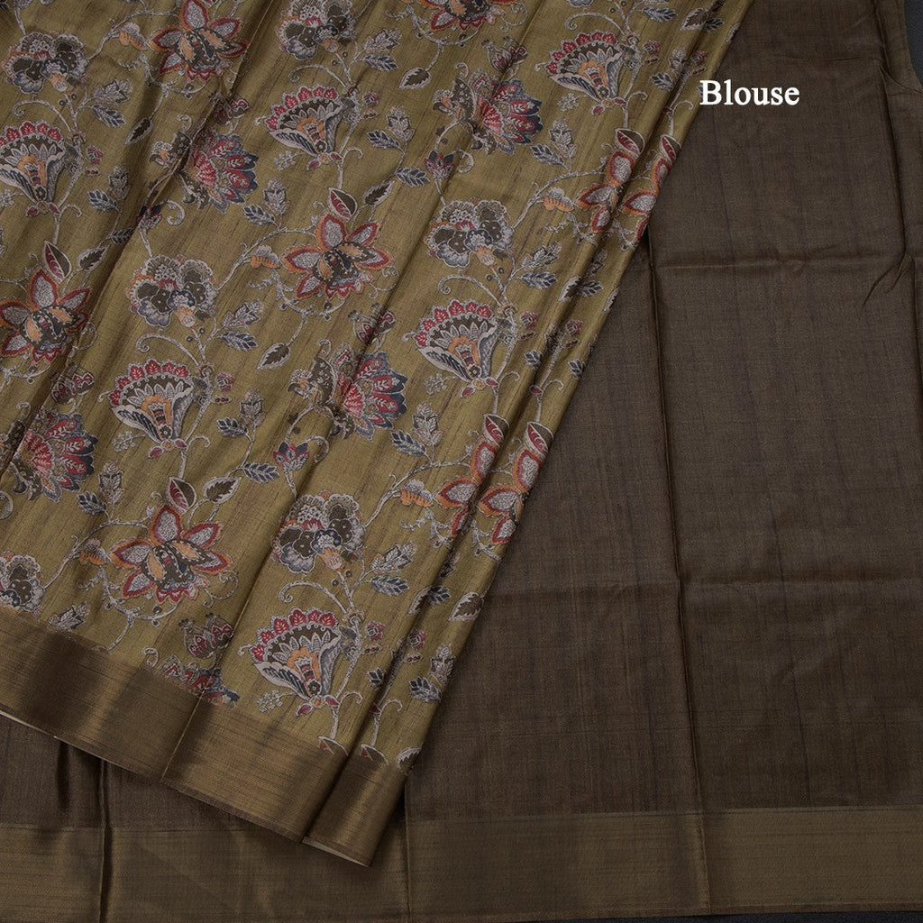Semi Raw Silk Olive Green Floral Printed Saree 04