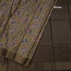 Semi Raw Silk Olive Green Floral Printed Saree 04
