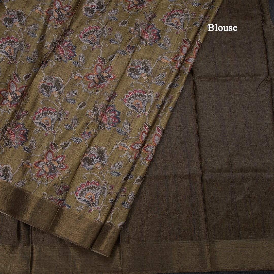 Semi Raw Silk Olive Green Floral Printed Saree 04