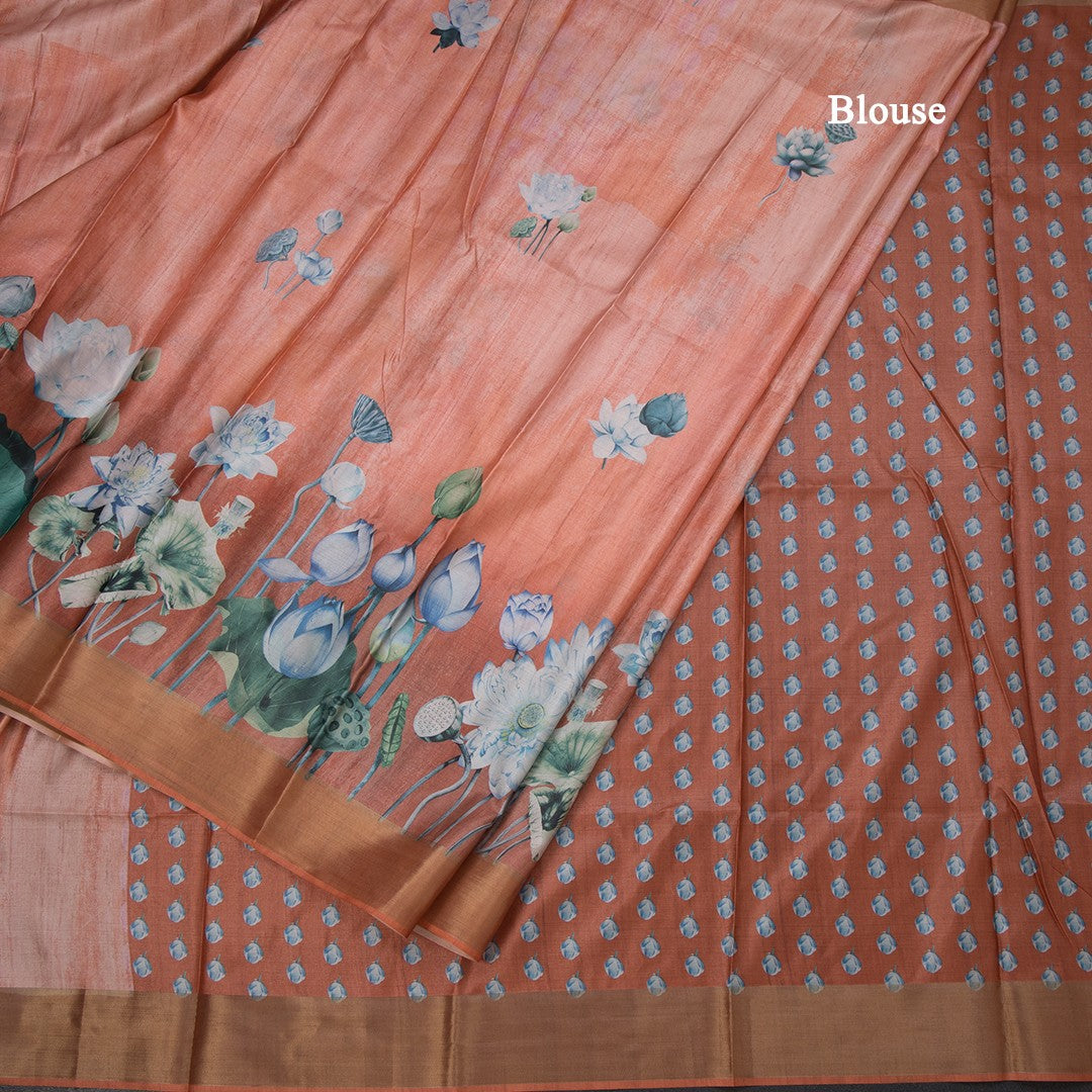 Semi Raw Silk Tangerine Orange Floral Printed Saree