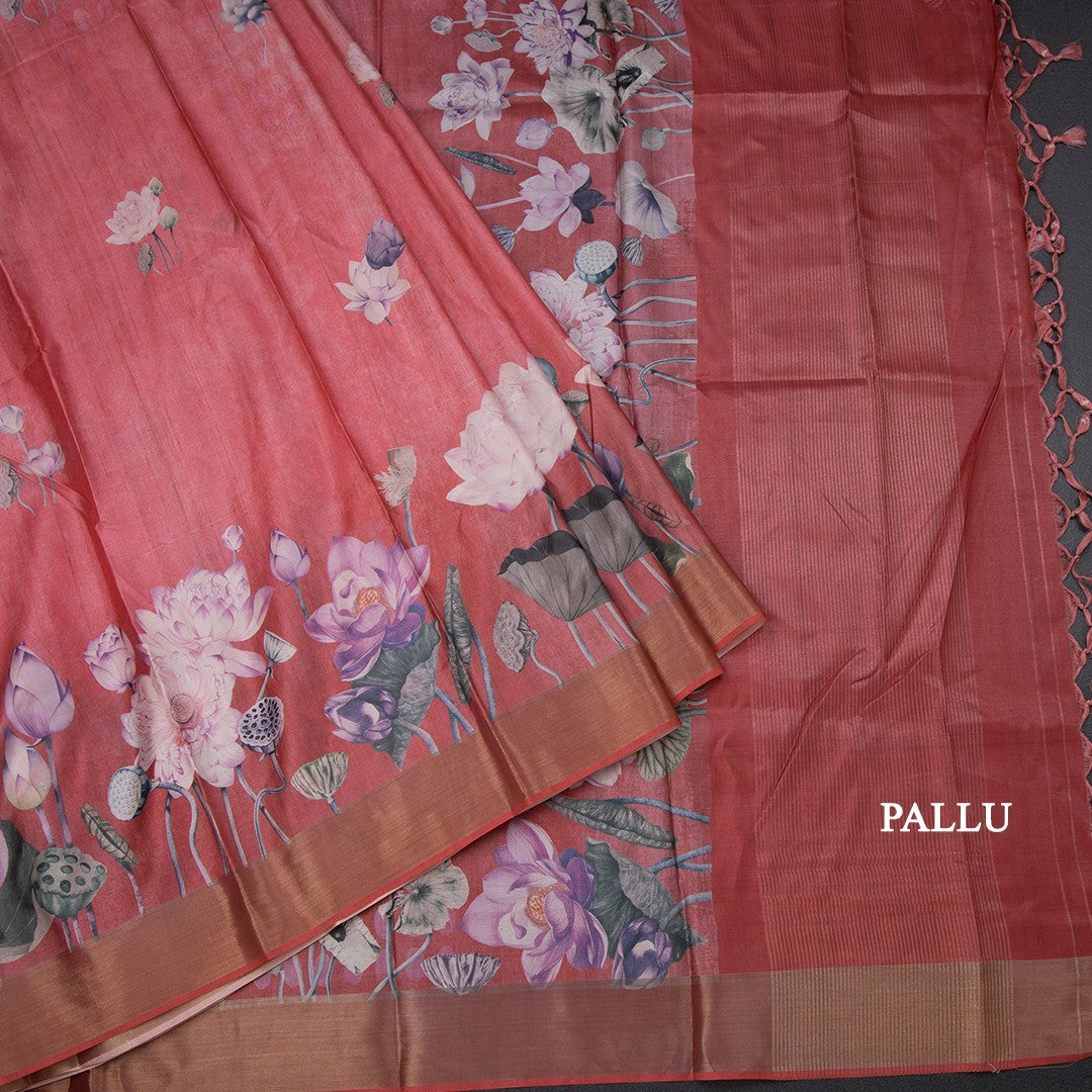 Semi Raw Silk Reddish Pink Floral Printed Saree