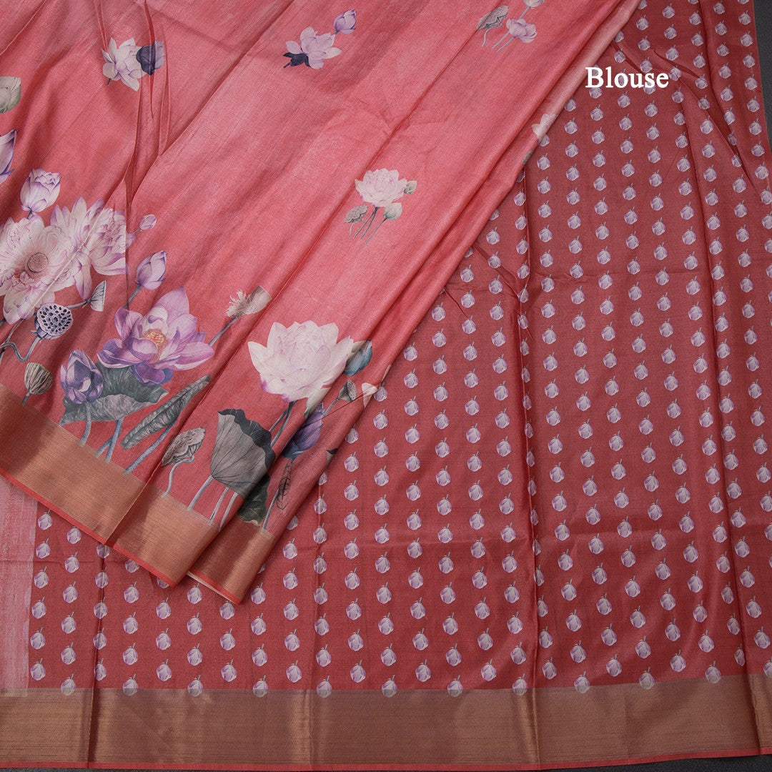 Semi Raw Silk Reddish Pink Floral Printed Saree