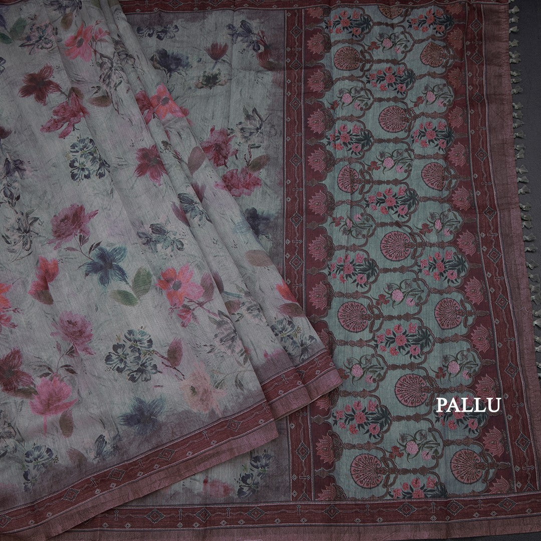 Semi Linen Grey Floral Printed Saree 06
