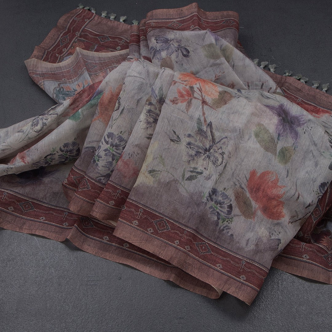 Semi Linen Grey Floral Printed Saree 06