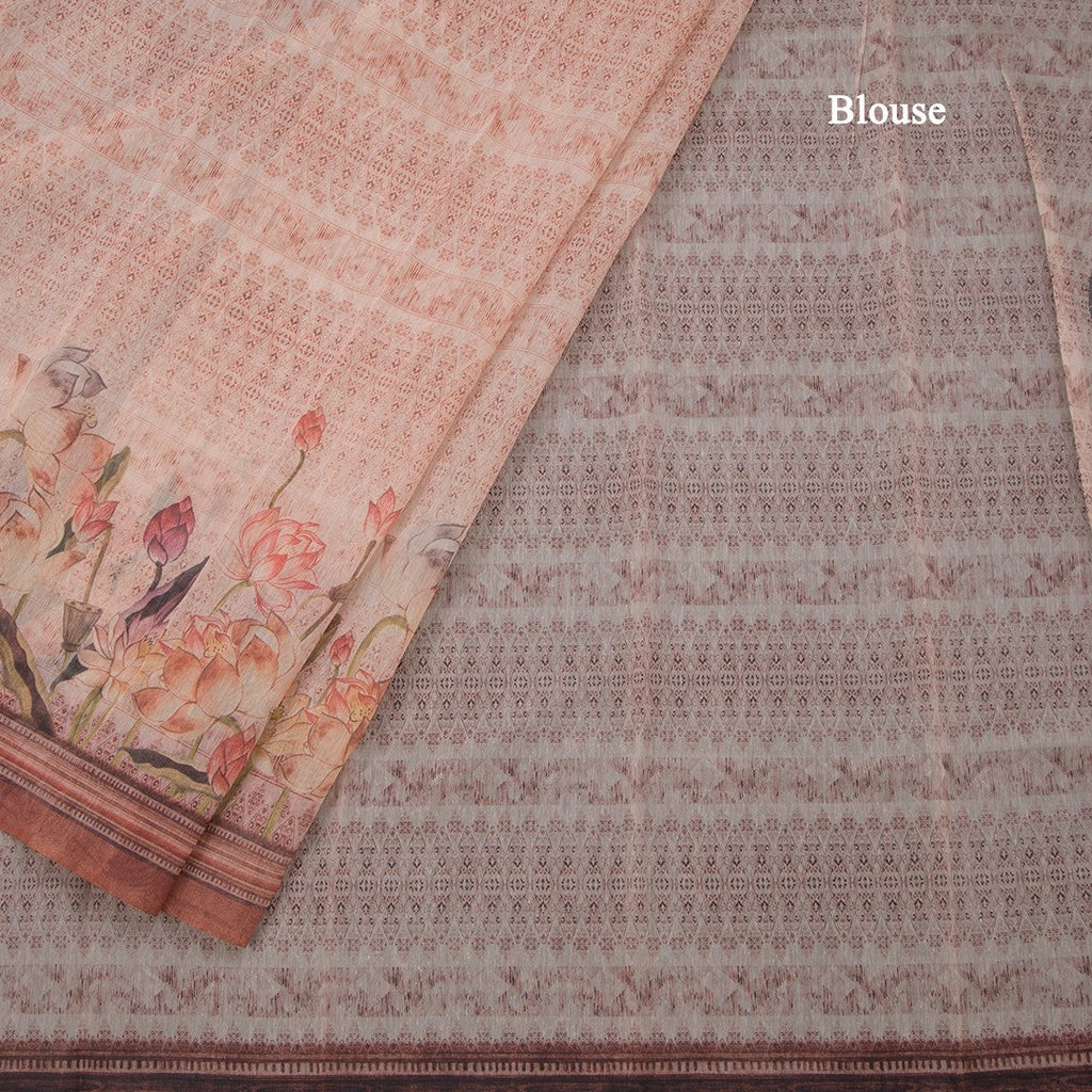 Semi Linen Light Peach Floral Printed Saree