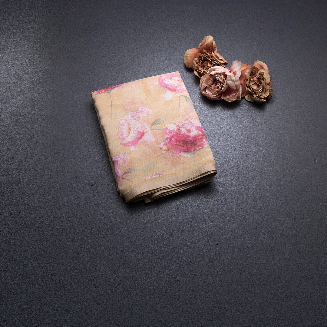 Semi Linen Creamy Yellow Floral Printed Saree