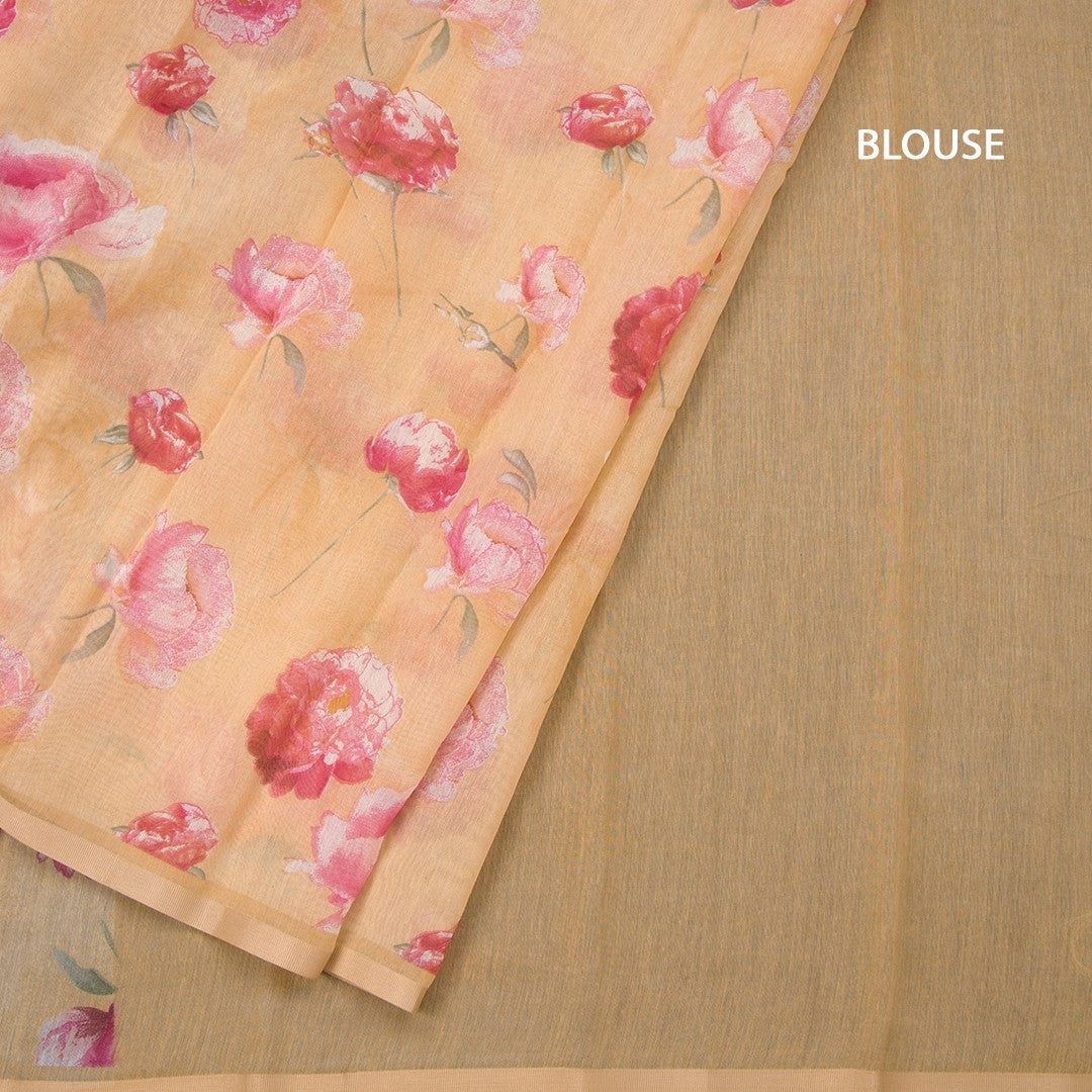 Semi Linen Creamy Yellow Floral Printed Saree