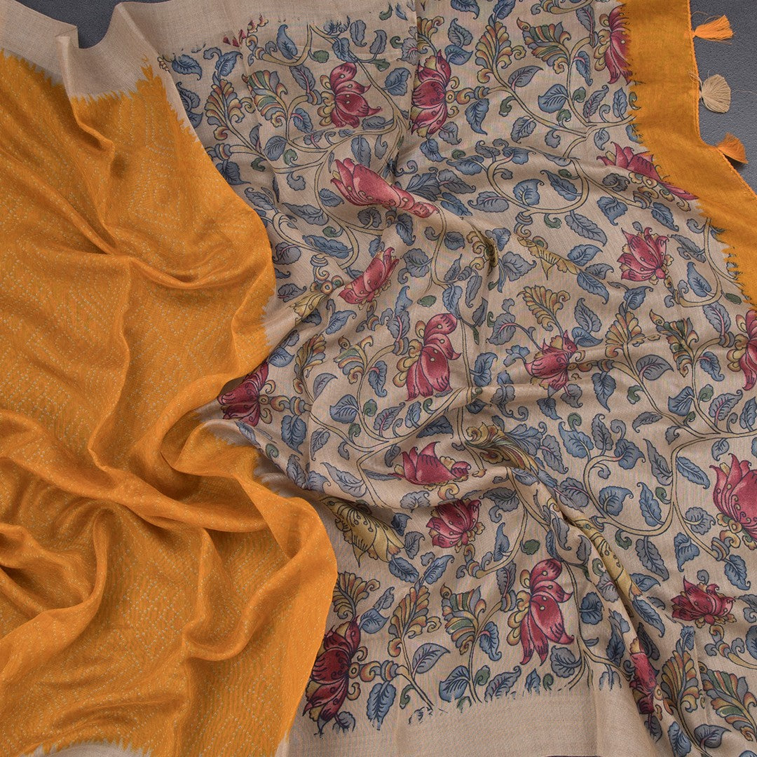 Semi Linen Mango Yellow Printed Saree 02