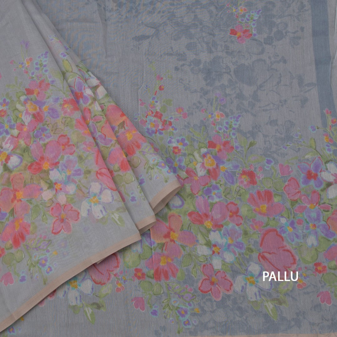 Semi Linen Light Grey Floral Printed Saree
