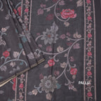 Semi Raw Silk Dark Grey Printed Saree With Floral Creeper Design
