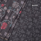 Semi Raw Silk Dark Grey Printed Saree With Floral Creeper Design