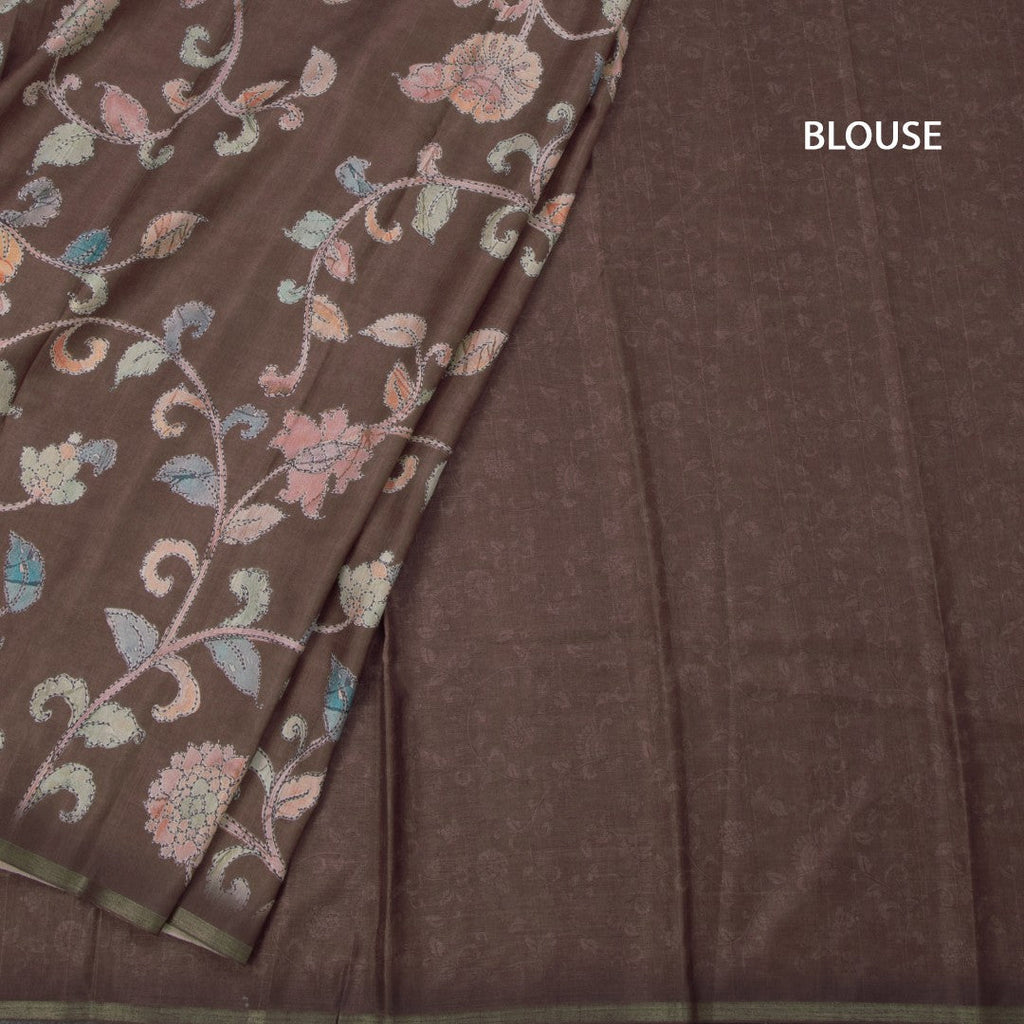 Semi Raw Silk Brown Printed Saree With Floral Creeper Design