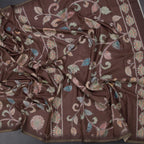 Semi Raw Silk Brown Printed Saree With Floral Creeper Design