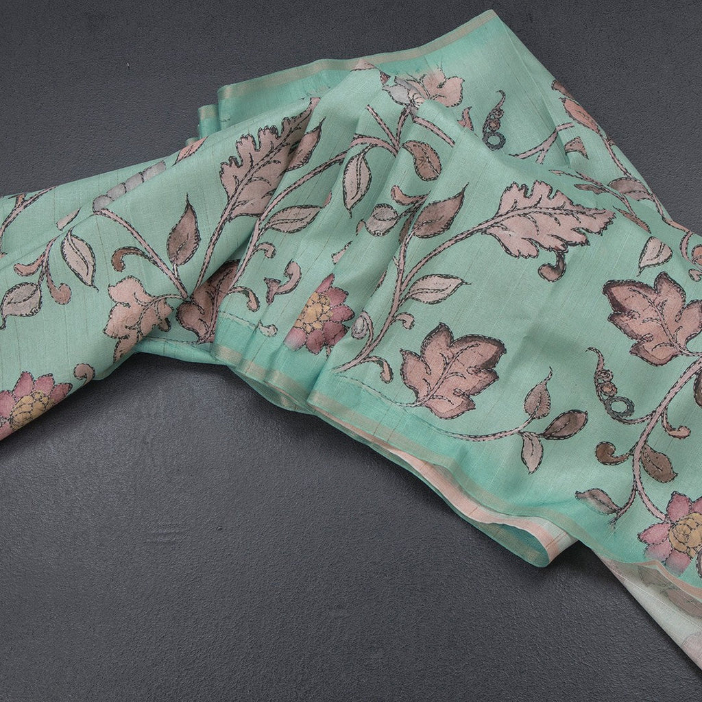 Semi Raw Silk Mint Green Printed Saree With Floral Creeper Design