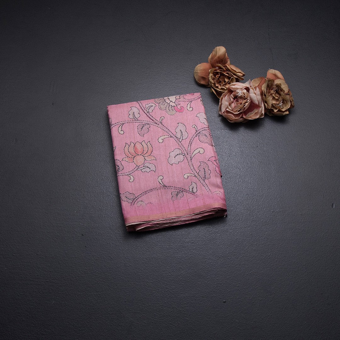 Semi Raw Silk Pink Printed Saree With Floral Creeper Design