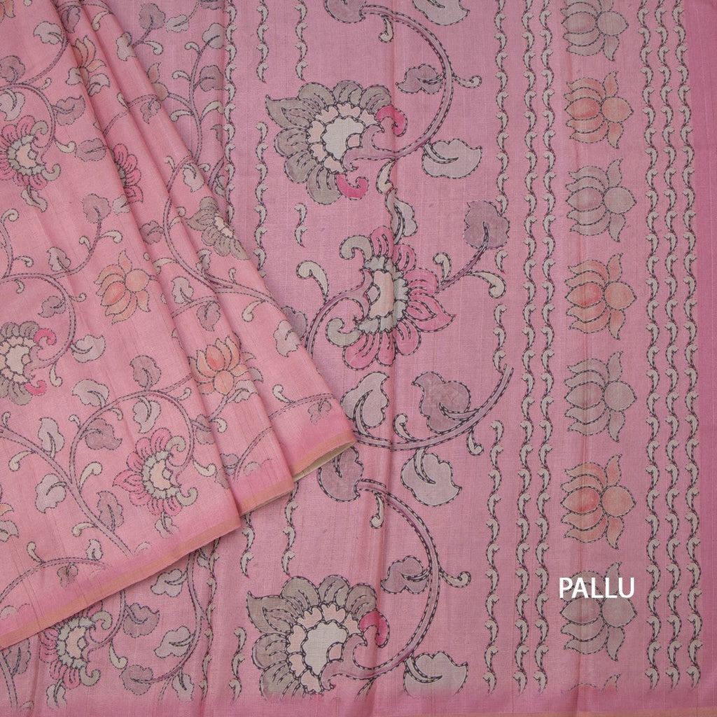 Semi Raw Silk Pink Printed Saree With Floral Creeper Design