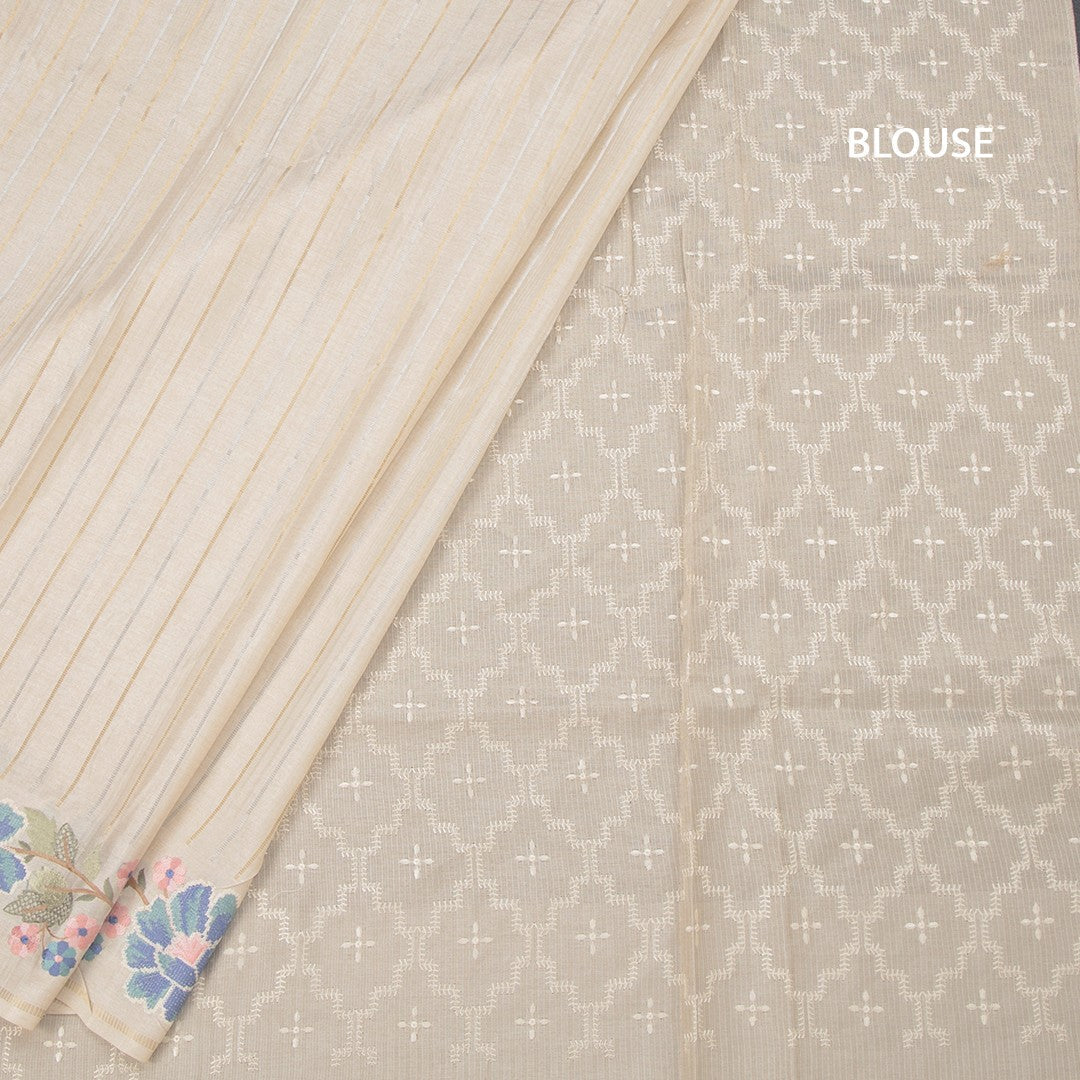 Raw Silk Cream Saree With Zari Stripes And Thread Border 02