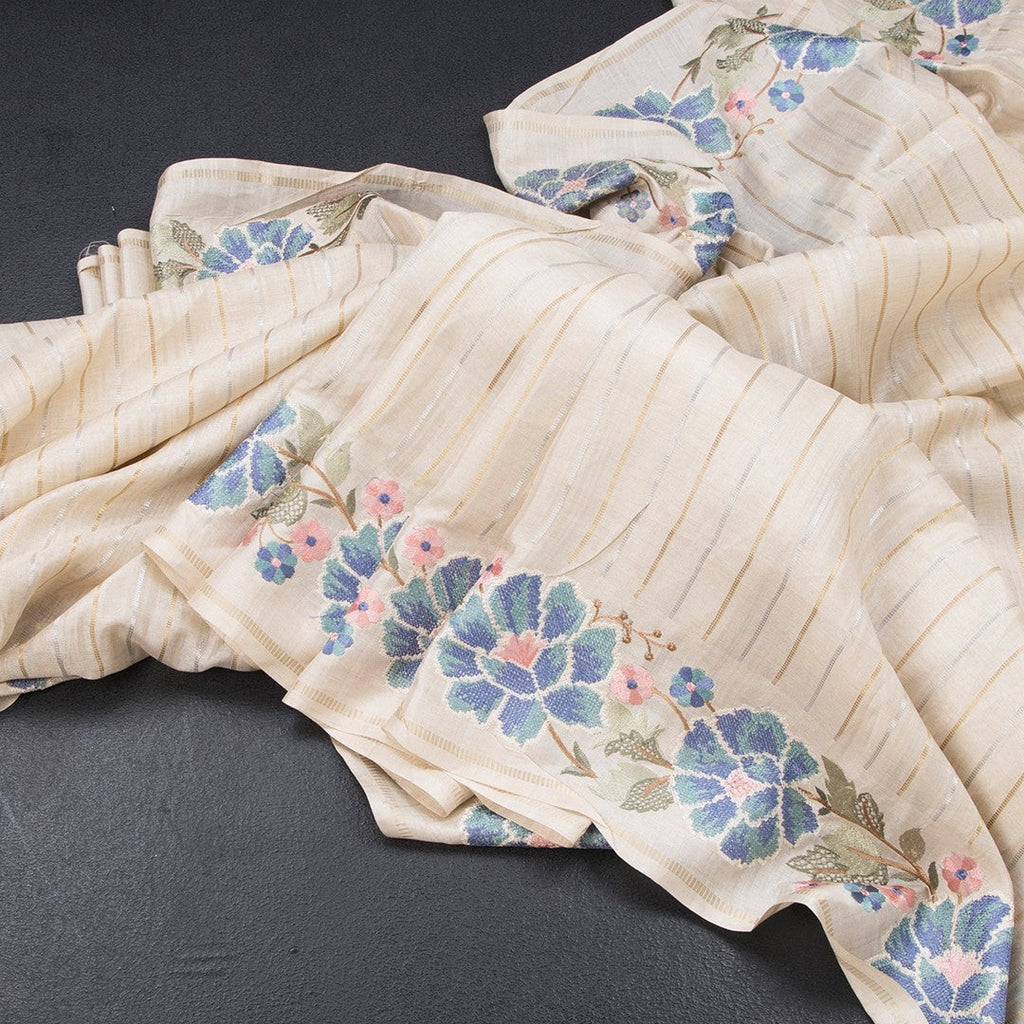 Raw Silk Cream Saree With Zari Stripes And Thread Border 02