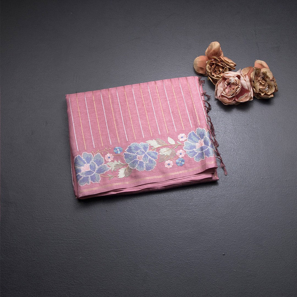 Raw Silk Pink Saree With Zari Stripes And Thread Border
