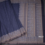 Semi Raw Silk Navy Blue Plain Saree With Printed Paisley Design