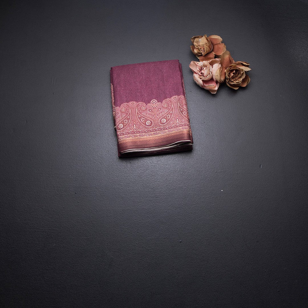 Semi Raw Silk Maroon Plain Saree With Printed Paisley Design