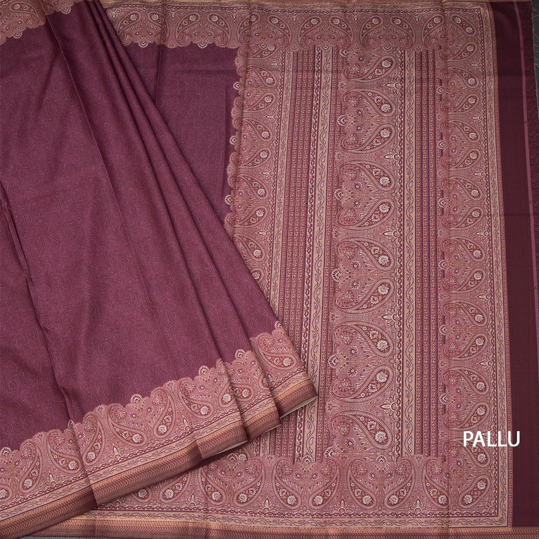 Semi Raw Silk Maroon Plain Saree With Printed Paisley Design
