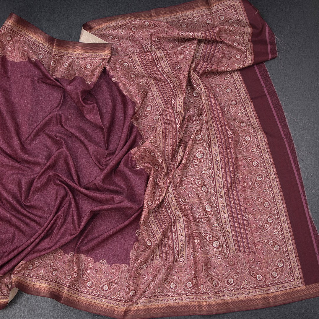 Semi Raw Silk Maroon Plain Saree With Printed Paisley Design