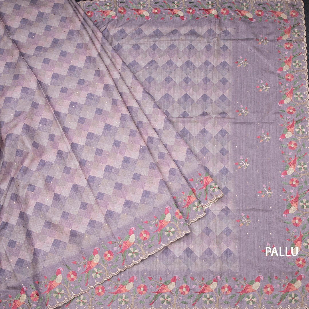 Raw Silk Lavender Printed Saree With Thread Border