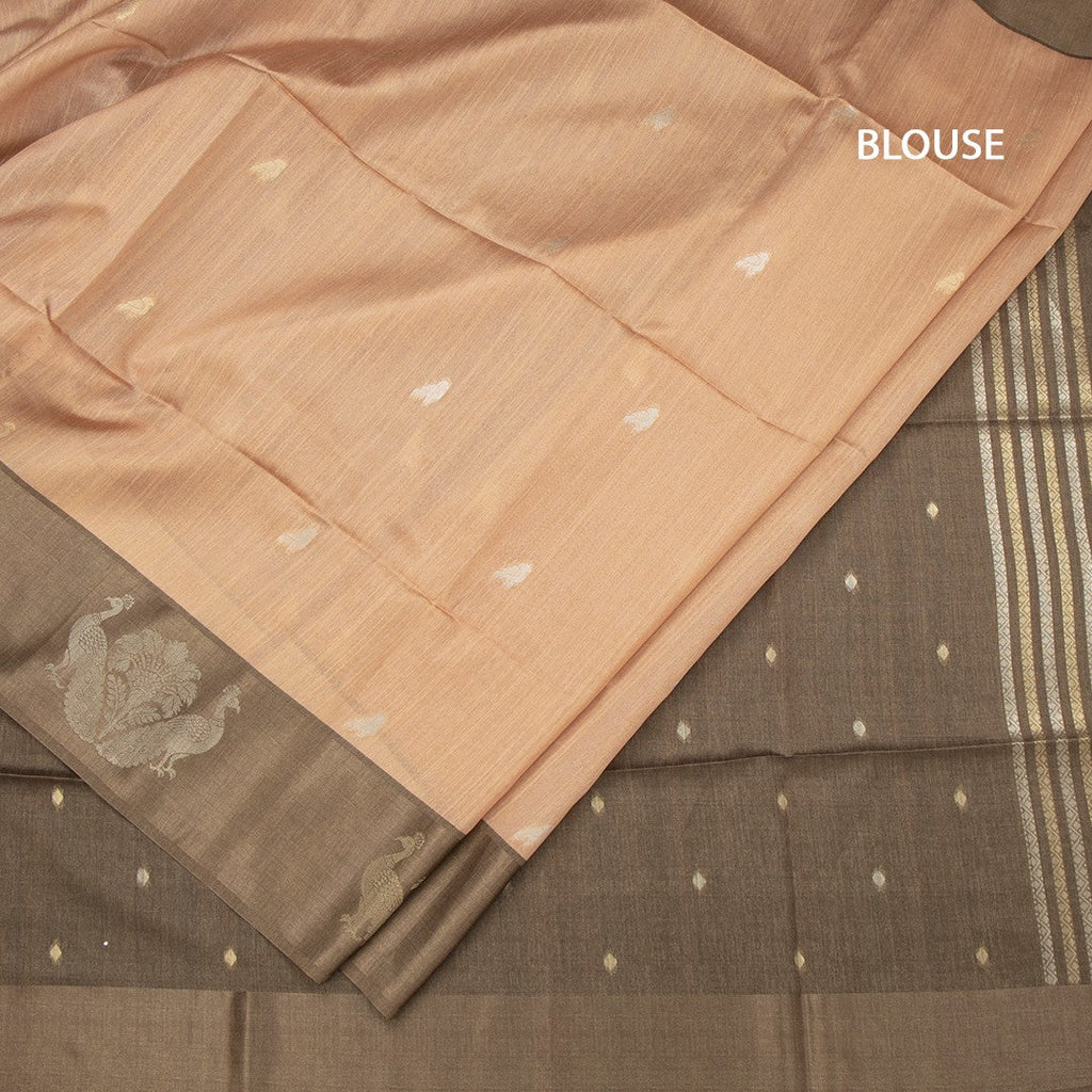 Tussar Peach Saree With Zari Buttas And Peacock Border
