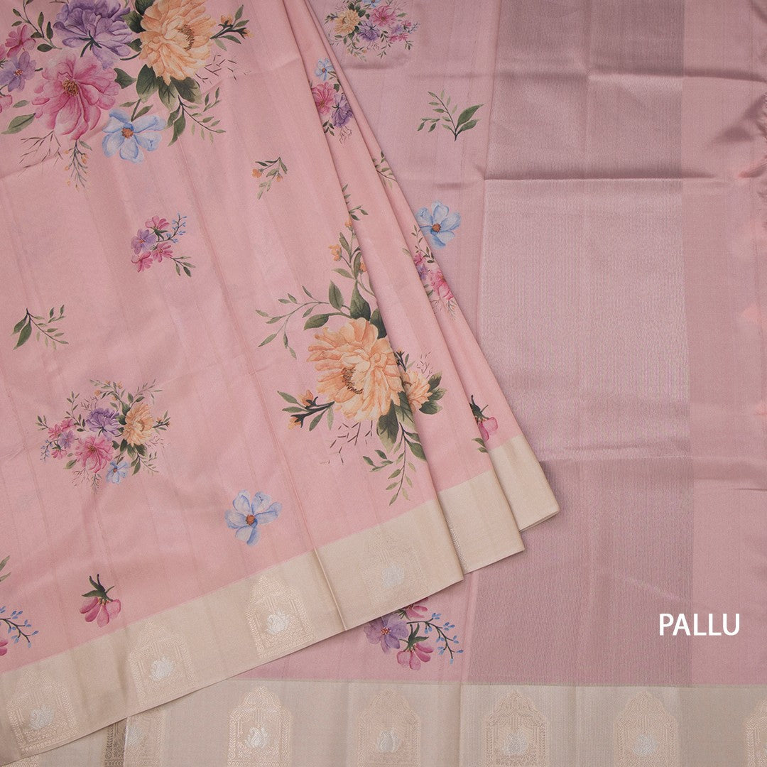 Satin Silk Peach Floral Printed Saree