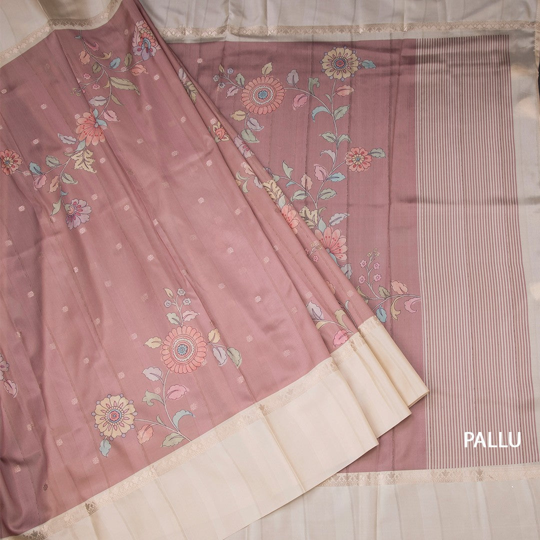 Satin Silk Light Peach Floral Printed Saree