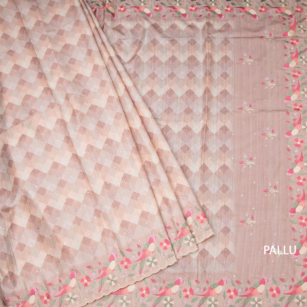Raw Silk Light Brown Printed Saree With Thread Border