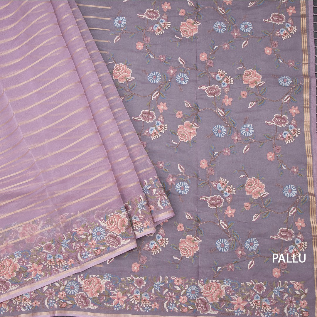Organza Lavender Zari Stripes Saree With Thread Border