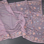 Organza Lavender Zari Stripes Saree With Thread Border