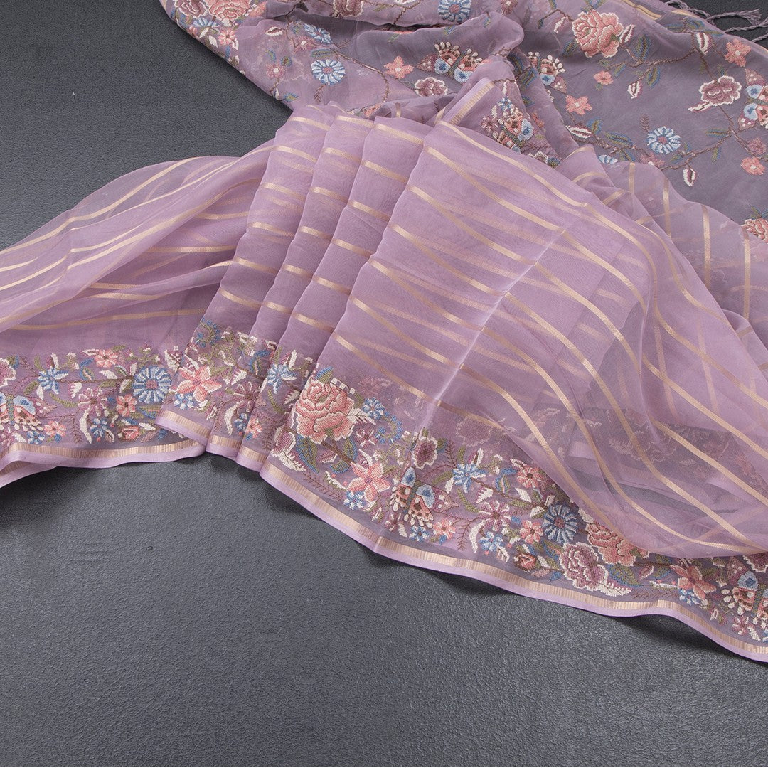 Organza Lavender Zari Stripes Saree With Thread Border
