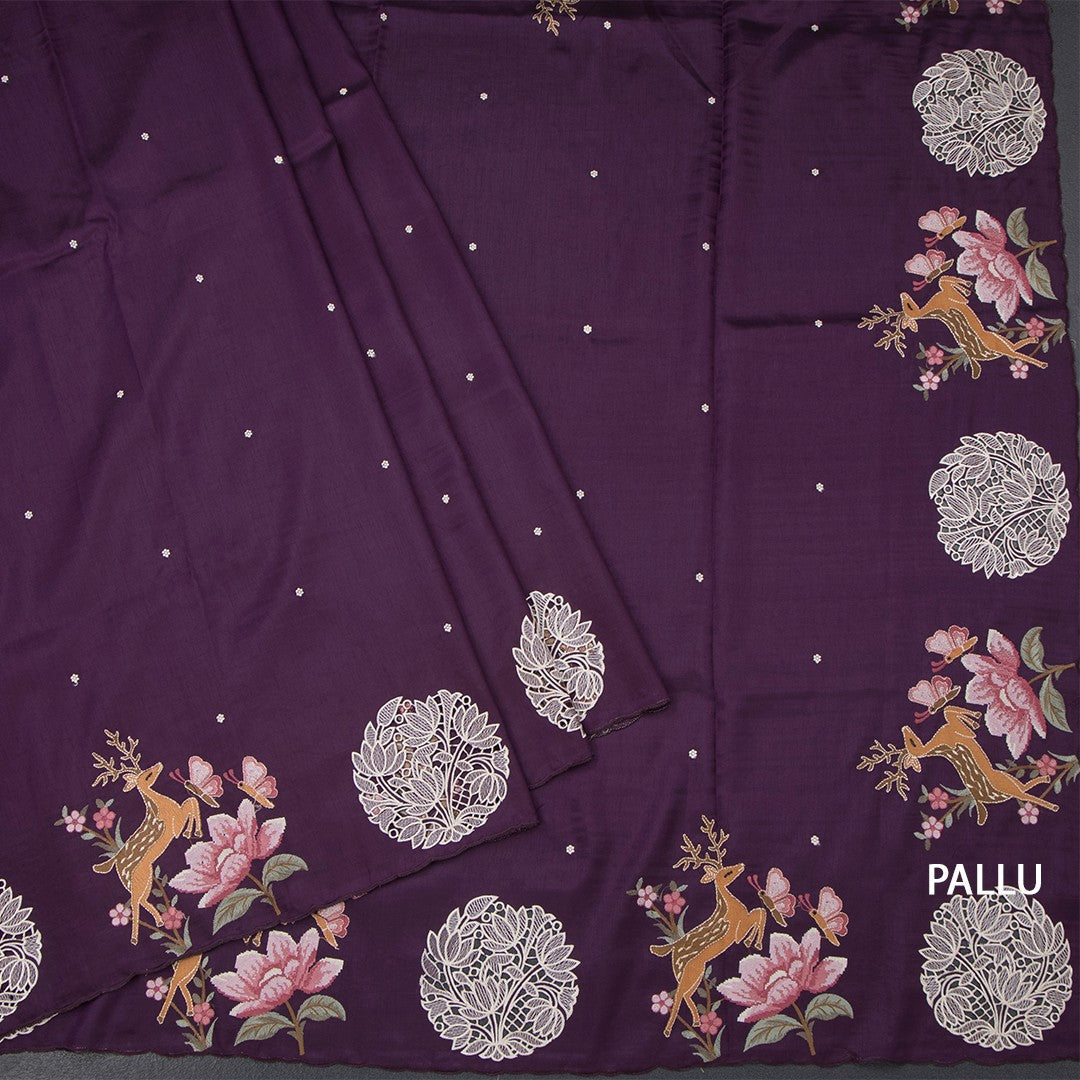 Raw Silk Dark Purple Saree With Thread Buttas And Cut Work Border